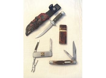 Vintage Man's Lot-  Schrade Old Timer Pocket Knife- Knife With Ornate Sheath- Manicure Tool & Sharp Lighter