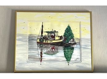 Framed Painting- Santa's Delivery Boat- Signed By Cheryl Normandie 2007