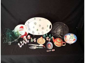 Assorted Christmas Serving Items With Platters, Decorated Knife & Cake Server, Napkin Rings, Tea Pot & More