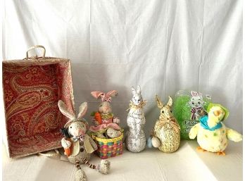 Basketful Of Colorful Easter Bunnies Decor. Paper Mache And Stuffed.