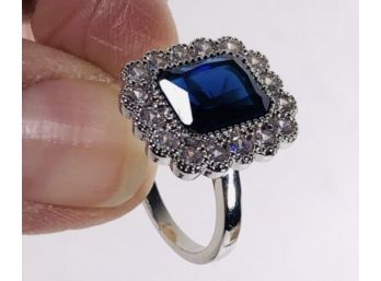 Size 7 Princess Diana Sparkling Emerald-Cut Blue Sapphire Glass Solitaire Bright White CZs Sterling Ring