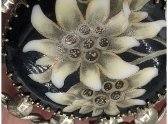 Fire Glazed Porcelain Edelweiss Flowers Prong Set Silver Tone Large Vintage Brooch