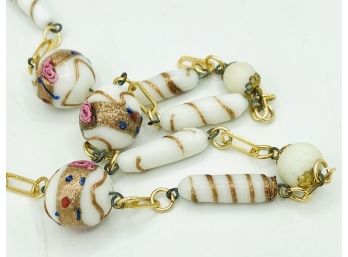 Handblown Art Glass Wedding Cake Roses Beads Opera Length Vintage Necklace Milk Glass With Gold & Pink