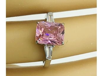 Size 6.75 Pinkest Pink Emerald Cut CZ Sterling Solitaire Love Ring
