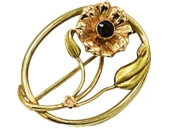 Solid 10K Pink, Green And Yellow Gold Handmade Vintage Flower Brooch With A Garnet Center 4.5g