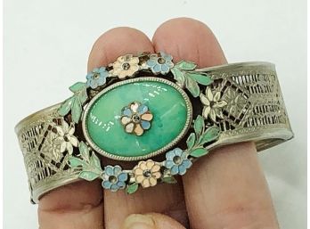 Faux Jade With Enamel Flowers Filigree White Metal Vintage Bracelet