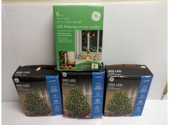 Three 400 Ct. LED Tree Wrap Lights & LED Flickering Candles - NEW