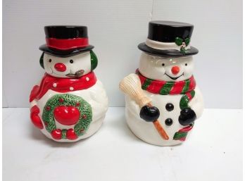 Two Vintage Snowmen Cookie Jars Large