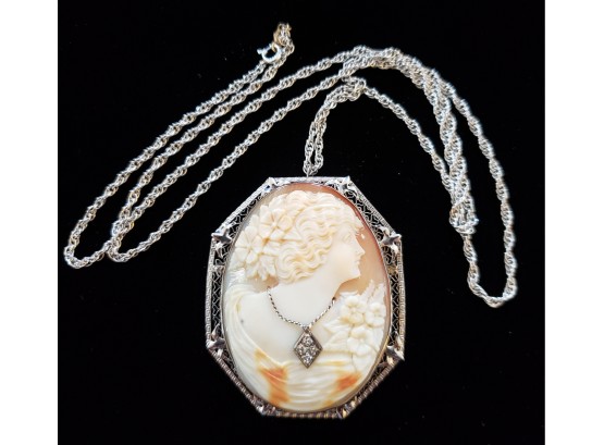 Beautiful 14k White Gold Cameo Brooch Pendant W Diamond And 14k White Gold 17' Chain