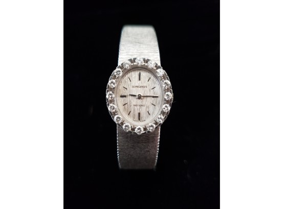 18k Longines Solid White Gold With Diamond Bezel Watch W/ 14k Solid Gold Band 34 Grams