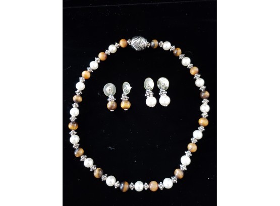 Tiger Eye And Faux Pearl Necklace And Earring Set