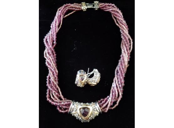 Amethyst Color Bead Necklace And Earring Set
