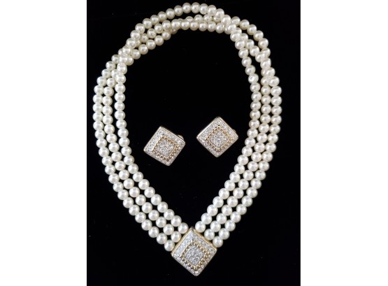 Faux Pearl CZ Fine Quality Fashion Necklace And Earring Set