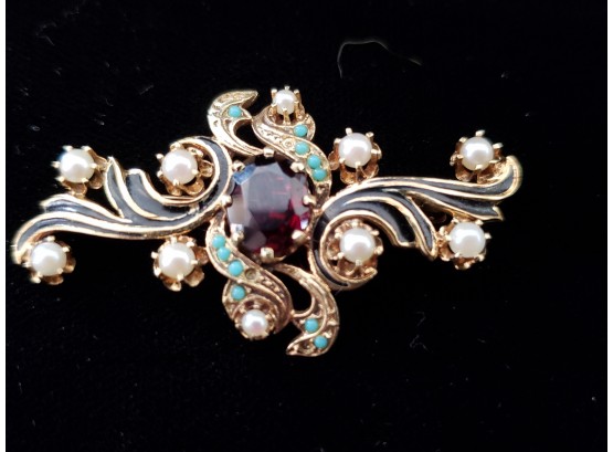 Antique 14k Gold Garnet Pearl And Turquoise Brooch