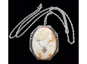 Beautiful 14k White Gold Cameo Brooch Pendant W Diamond And 14k White Gold 17' Chain