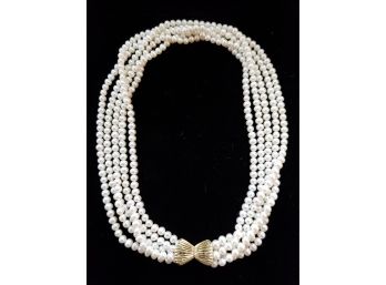 14k Gold Bow Clasp Multi Strand 16' Cultured Pearl Necklace Excellent Quality