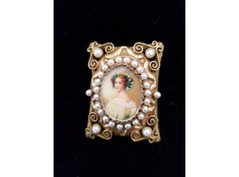 Vintage Hand Painted Portrait And Faux Pearl Brooch By Robert