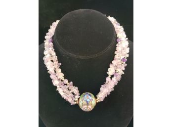 Beautiful Hand Crafted Natural Amethyst And Cloisonne Enamel Bead Necklace