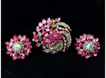 Colorful Rhinestone Brooch And Earring Set