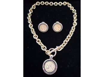 Beautiful Gold Tone  Ancient Coin Design Necklace And Earring Set
