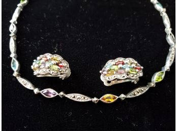 Beautiful Sterling Silver Multi Color Gemstone Necklace And Earring Set