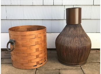 Woven Wicker Basket And Reed Vase