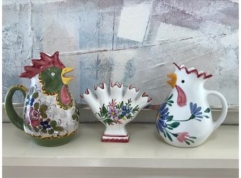 Three Collectible Rooster Pitchers And A Ceramic Bud Vase