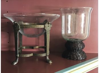 Candle Holder & Glass Dish With Metal Stand