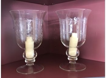 Pair Of Etched Glass Hurricanes