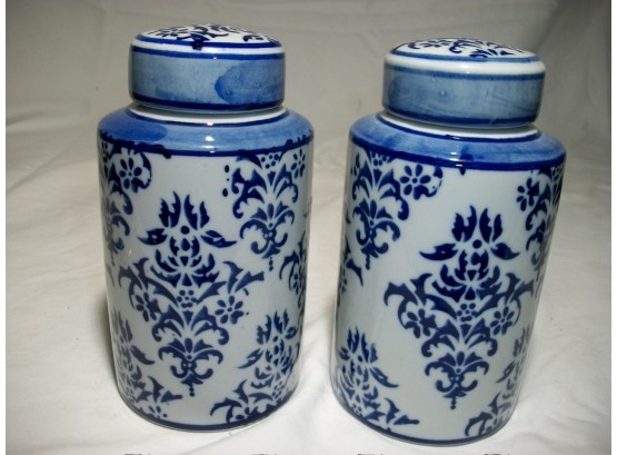 Pair Tall And Handsome Blue & White Lidded Jars - Small But Elegant