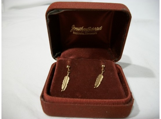 14K Yellow 'Gold Feather' Earrings In Original Box  (Small Earring)