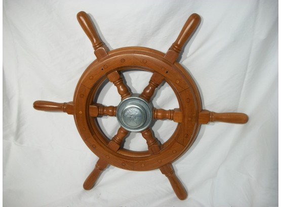 Very Decorative Small Vintage Teak 'Histar' Ship Steering Wheel
