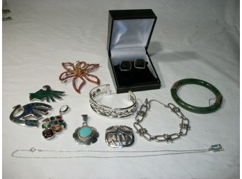 Nice Sterling Silver Lot - Some Inlaid, Bracelet, Cuff Bracelet, Pins, Flower Pin  (11 Pieces)