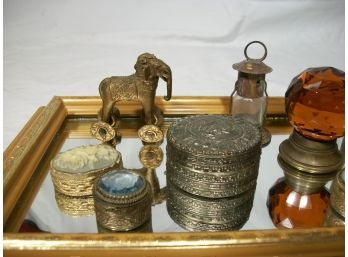 Vanity Tray Lot, Mirrored Tray, Trinkets, Covered Boxes & More - Nice !