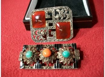 Two Vintage STUNNING Sterling Silver Brooch / Pins - W/Coral  & Marcasite -  Made In Germany