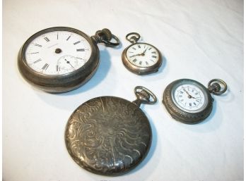 4 Antique Sterling Silver / 800 Silver Pocket Watches - Waltham, Hercules