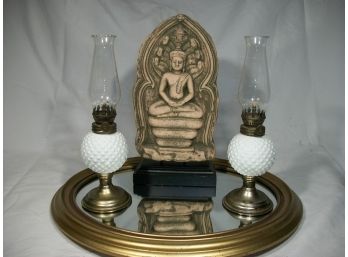 Interesting 'Buddha Stand' Nice Assemblage Of Items  W/Oil Lamps
