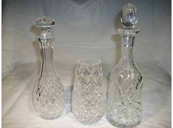 Lot Of Three Waterford Items, Two Decanters & Vase All Signed All Mint