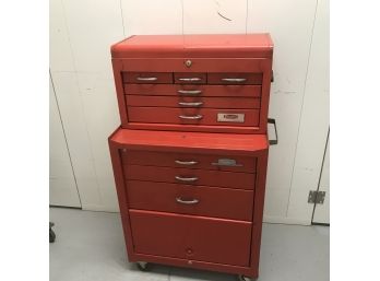 Dayton Red 2 Piece Tool Box Bottom 26.5x 18x32 Inches Top 26x15x12 Inches No Key And Locked