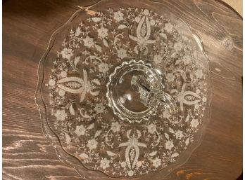 Decorative Etched Platter With Middle Handle