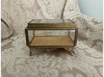 Vintage Gold Tone And Bevelled Glass Jewelry Box