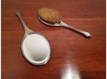 Ladies' Antique Silverplate Vanity Mirror And Brush