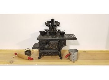 Antique 'Crescent' Cast Iron Miniature Doll Stove And Accessories