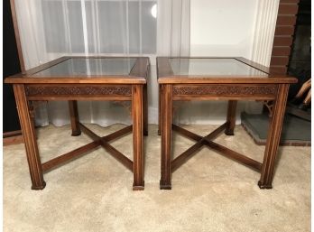 Pair Glass Top Fruitwood Side Tables