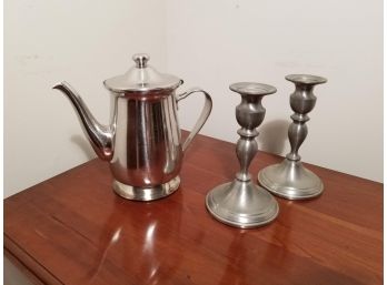 Stainless Pitcher, Pewter Candlesticks