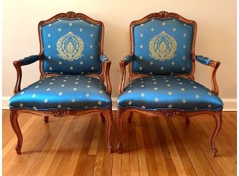 Pair Of Blue Silk Bergere Chairs
