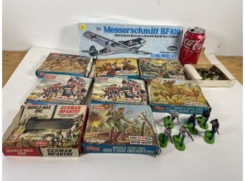 TOY LOT TO INCLUDE UNASSEMBLED MODEL AIRPLANE, VINTAGE PLASTIC SOLDIERS, AND BRITAINS SOLDIERS