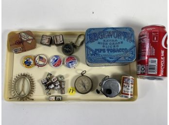 VINTAGE MINIATURE LOT TO INCLUDE COMPASSES, TINS, BUTTONS, ETC.