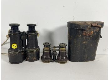 ANTIQUE FRENCH FIELD GLASSES W/ ORIGINAL CASE AND A SET OF OPERA GLASSES