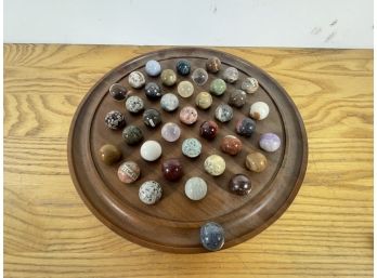 VINTAGE TEAK MARBLE BOARD WITH POLISHED STONE MARBLES LABELED WITH STONE TYPES